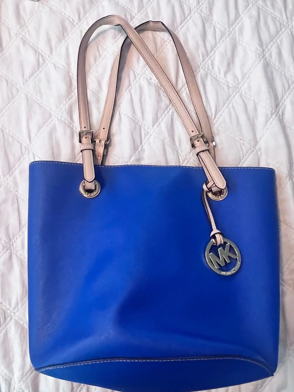 Michael Kors Cobalt Blue Leather Tote with Blush Straps